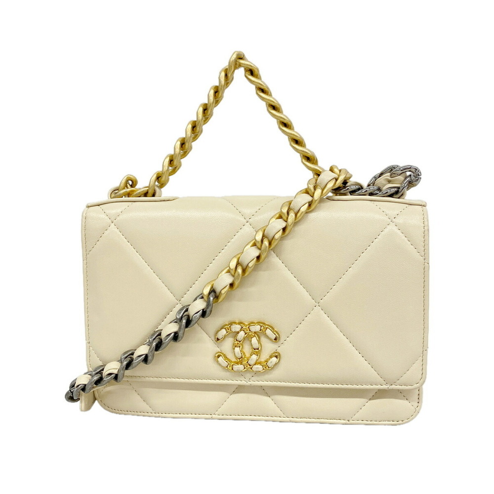 Chanel Wallet/Shoulder Wallet Chain Shoulder 19 Lambskin Beige Gold Women's O...